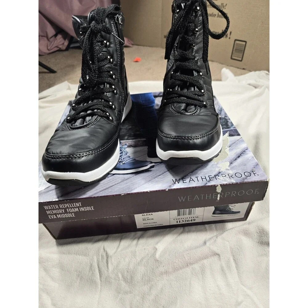 sz 10M - Weatherproof Womens Alexa 1132649 Black Round Toe Lace Up Ankle Boots